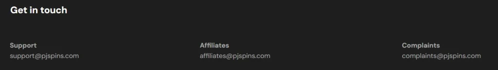 PJ Spins Casino contact section with support affiliates and complaints emails