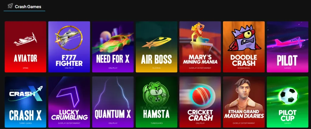 PJ Spins Casino crash games lobby with Aviator Crash X and other fast games