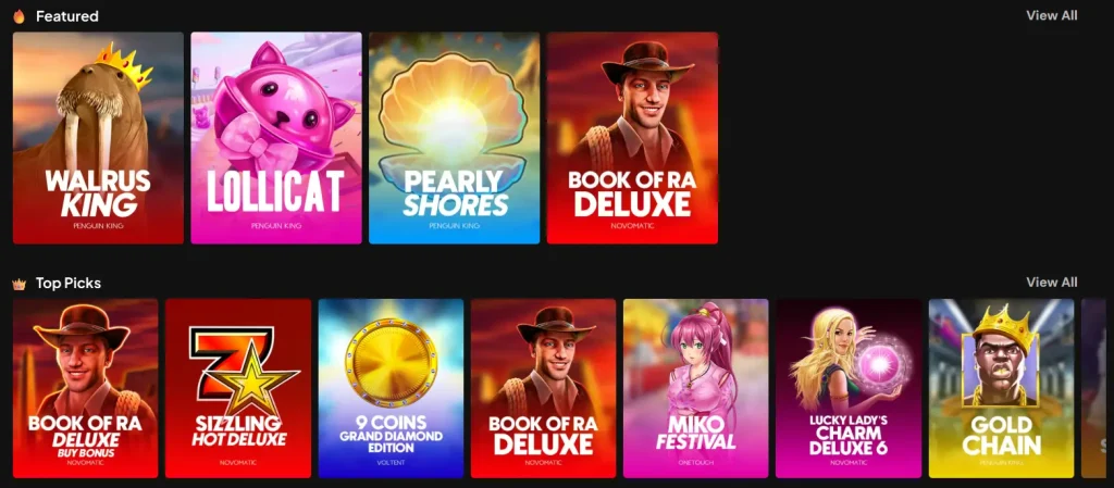 PJ Spins Casino featured slots and top picks including Book of Ra and Sizzling Hot