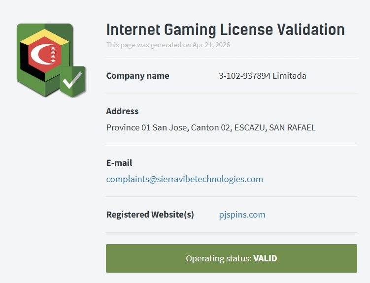 PJ Spins Casino license validation page with company name address and status valid