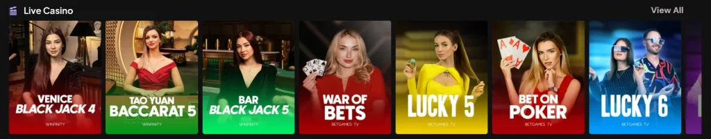 PJ Spins Casino live casino lobby with blackjack baccarat and poker tables
