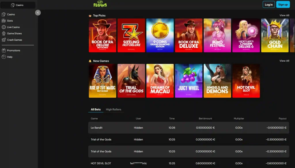 PJ Spins Casino lobby with top picks slots new games and betting activity feed