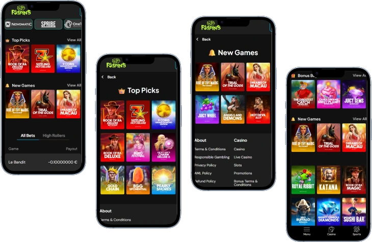 PJ Spins Casino mobile interface showing slots lobby new games and top picks