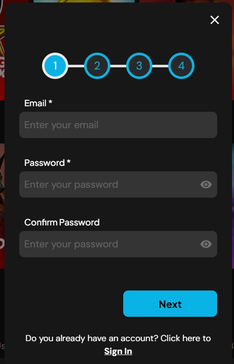 PJ Spins Casino registration form with email password and multi step sign up